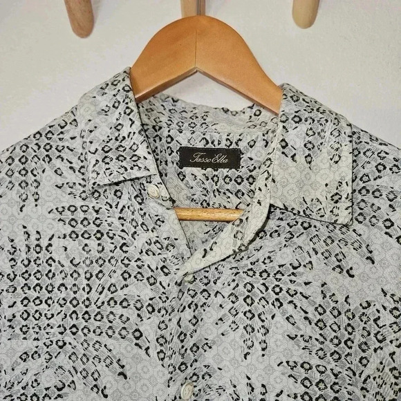Tasso Elba Men’s Silk Hawaiian Shirt M | Taupe Palm Print Camp Button-Up - Picture 10 of 16